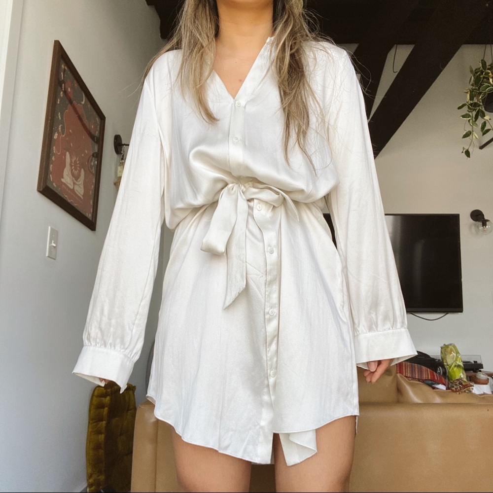 Eileen Fisher Cream Button-Front Tie-Waist Shirt Dress